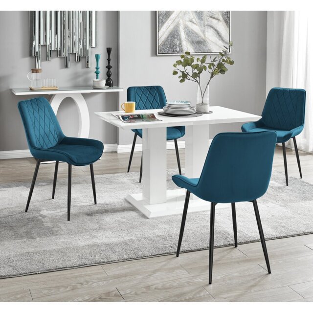 Edzard Double Pedestal High Gloss Dining Table Set with 4 Luxury Velvet Dining Chairs