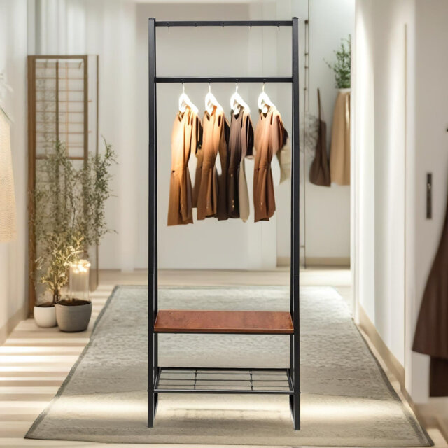 Hall Tree 65cm Wide Industrial Coat Rack Stand With 2 Shoe Storage Shelves
