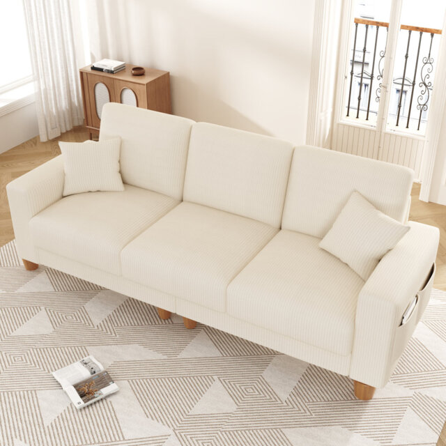 Oversize Sofa 256cm Corduroy Sofa with 3 Seats, No Tool Assembly,Solid Wood Frame and Solid Wood Legs
