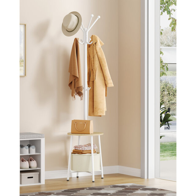 Coat Rack, Coat Stand with 12 Hooks for Small Space, Coats Tree with Large Storage Basket and 1 Shelf for Bag Jacket Hats, Hallway, Living Room, Bedro
