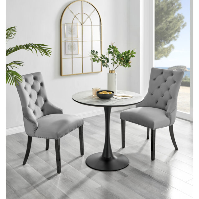 Ellis White Marble Effect Melamine Round Dining Table Set with 2 Luxury Button Velvet Dining Chairs