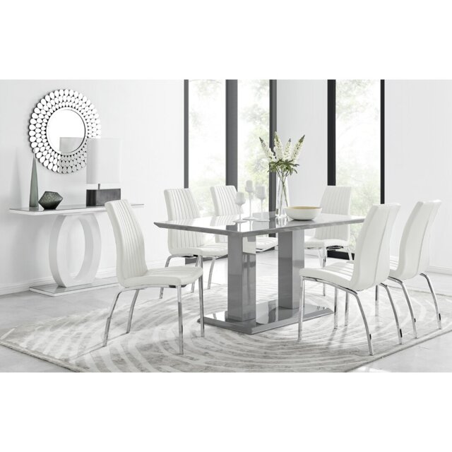 Edzard Double Pedestal High Gloss Dining Table Set with 6 Soft Touch Faux Leather Dining Chairs