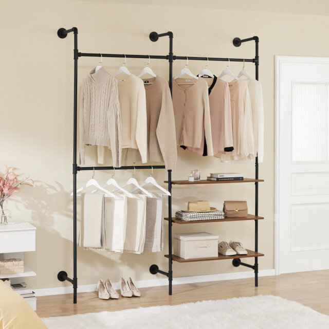 Wall-Mounted Clothes Rail, Fixed Pipe Garment Rack With 3 Hanging Rails & 3 MDF Shelves, Heavy-Duty Space-Saving Open Wardrobe Closet Organiser