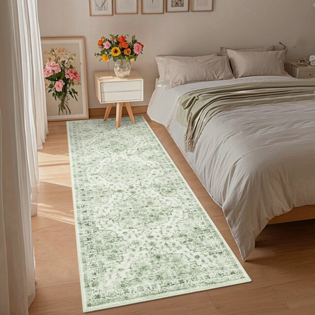 "5.2Ã7.5Ft Green Vintage Distressed Area Rug - Ultra-Thin 0.25"" Low Pile Non-Shedding Non-Slip Rug for Living Room Bedroom Hallway"