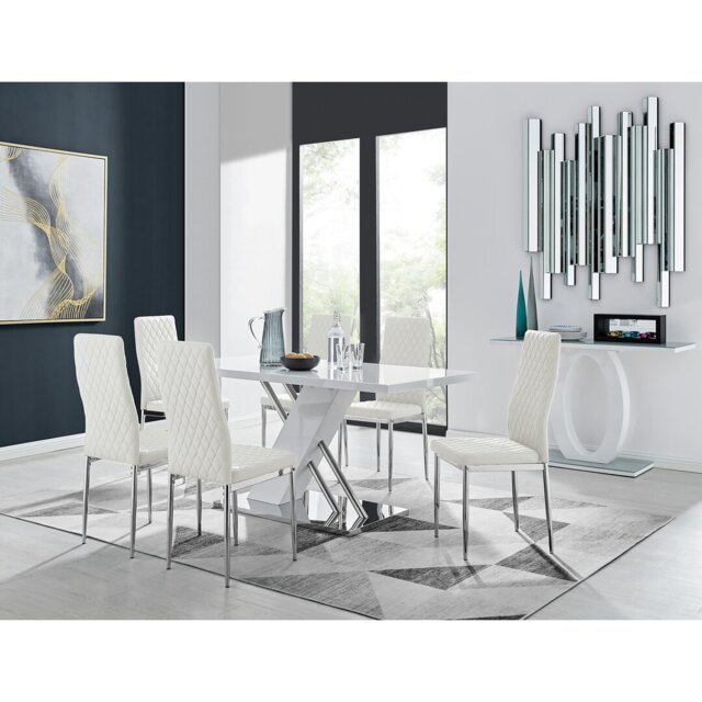 Sorro Cross Luxury High Gloss & Chrome Dining Table Set with 6 Quilted Faux Leather Chairs