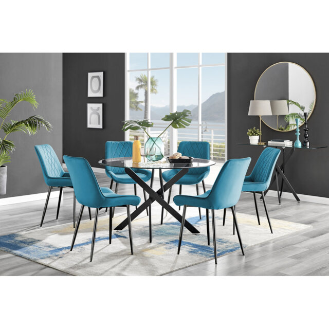 Tierra Modern Chrome Metal & Glass Round Dining Table Set with 6 Luxury Faux Leather Chairs