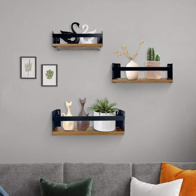 Black Floating Shelves for Wall Set of 3, Industrial Thick Wall Shelves with Iron Rails Brackets
