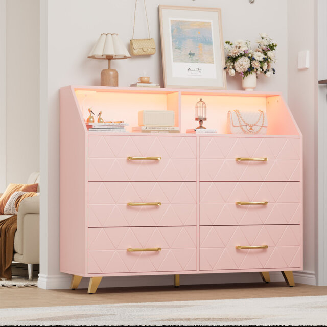 Pink Modern 6 Drawer Dresser with LED Lights & Charging Station, Open Shelves & Gold Handles, Wooden Chest for Bedroom Living Room Hallway