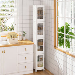 4-Tier Tall Plastic Slim Storage Cabinet with Movable Wheels, Adjustable Shelves, Anti-Tip, Easy Assembly, for Bathroom, Living Room, Laundry Room, Ki