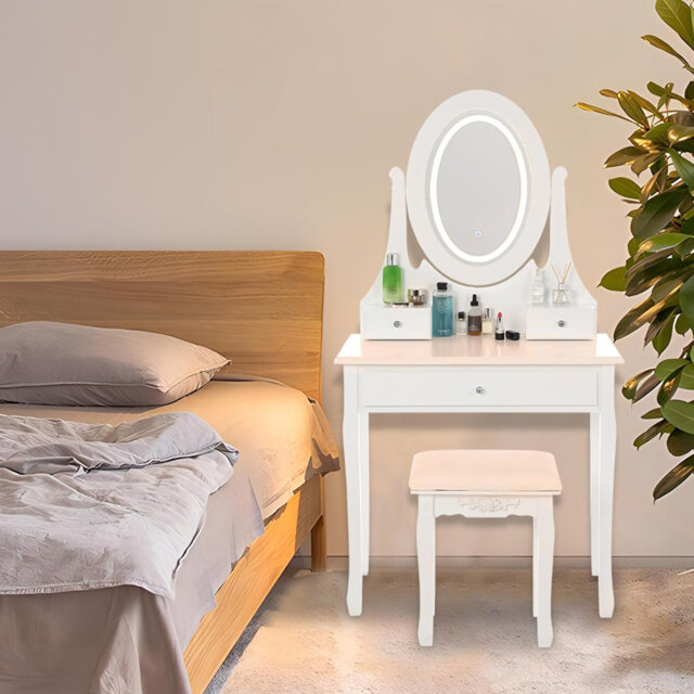 Girl Vanity Desk with Mirror and Lights, Wood Makeup Dressing Table with Stool,3 Colors Lighting Modes for Kids Girls Women (White)