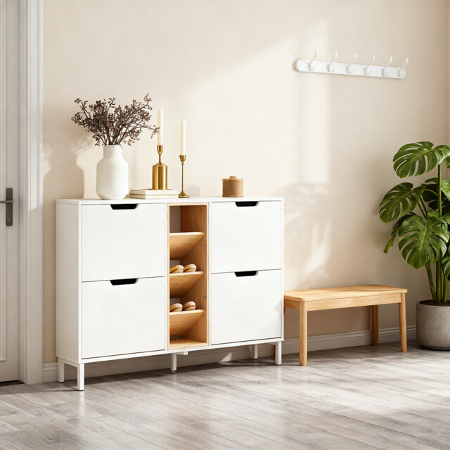 4 Flip-Drawers 3 Open Shelves Shoe Cabinet Shoe Storage Cupboard
