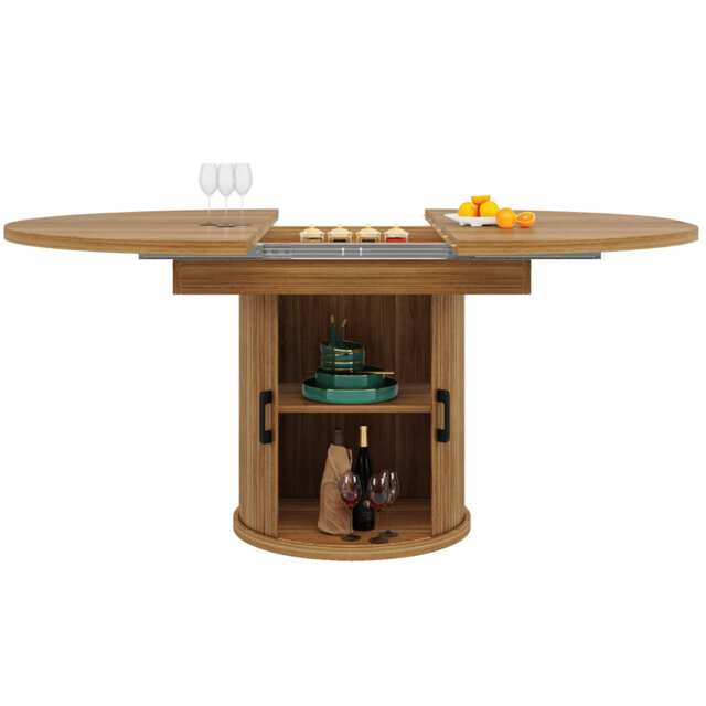Walnut & Black Extendable Round Dining Table, 118-158cm Convertible Oval Table with Storage for Home Indoor & Outdoor Use, Seats 6 People