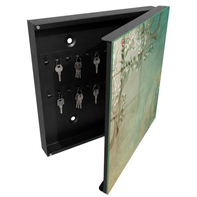 Decorative key box for wall, Opens to the right, 30x30x5, White, A tree with white flowers on a turquoise background,