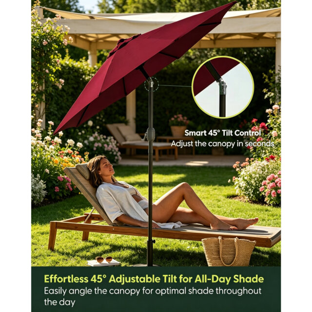 2.7m Adjustable Tilting Patio Garden Parasol, 180GSM UPF50+ Polyester Canopy Steel Frame Outdoor Umbrella with Crank Handle & Protective Cover for Bal