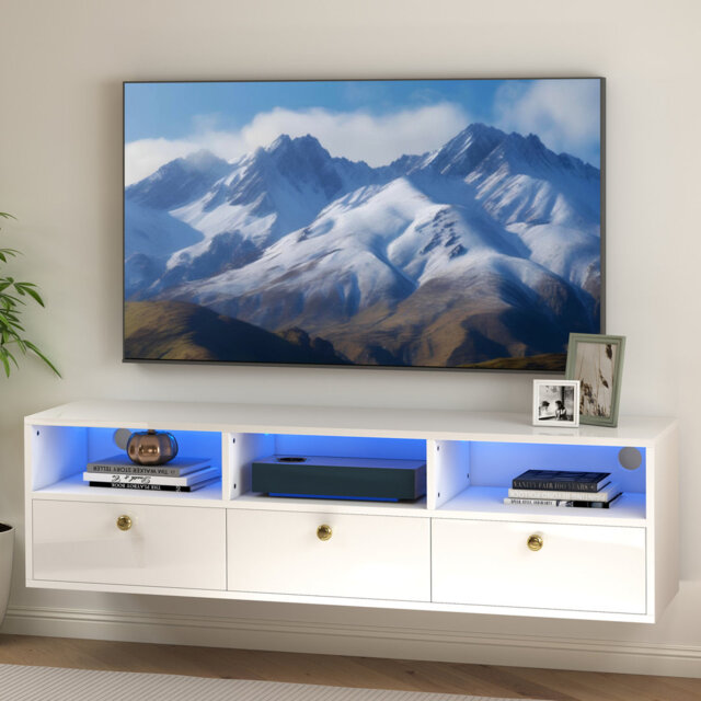130cm High Gloss Floating Wall Mounted Tv Stand With Open Storage Shelf And Cabinets