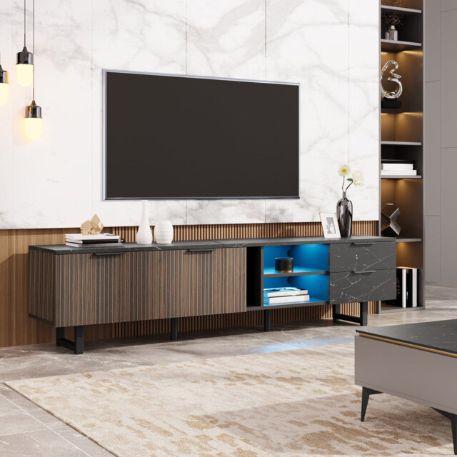 Sunhaven 200cm TV Stand With Black Marble Finish And Dark Wood Grain Doors