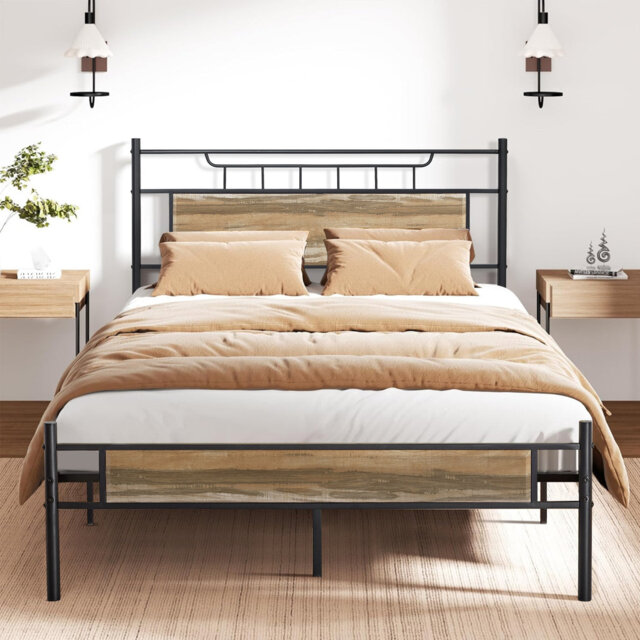 Metal Platform Beds Single Double Size with Wooden Headboard and Footboard, Rustic Vintage Bed Frame with Strong Steel Slats, No Box Spring Needed