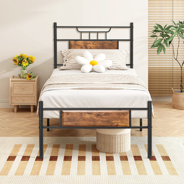 Metal Platform Beds Single Double Size with Wooden Headboard and Footboard, Rustic Vintage Bed Frame with Strong Steel Slats, No Box Spring Needed