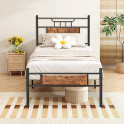 Metal Platform Beds Single Double Size with Wooden Headboard and Footboard, Rustic Vintage Bed Frame with Strong Steel Slats, No Box Spring Needed