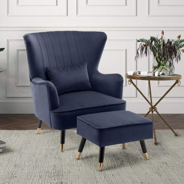 77Cm Wide Plush Velvet Modern Wingback Chair and Ottoman