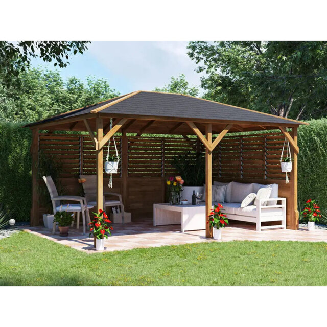 Dunster House Wooden Gazebo Louvre Wall 4m x 3m Garden Shelter Roof Shingles Utopia 430 Louvre