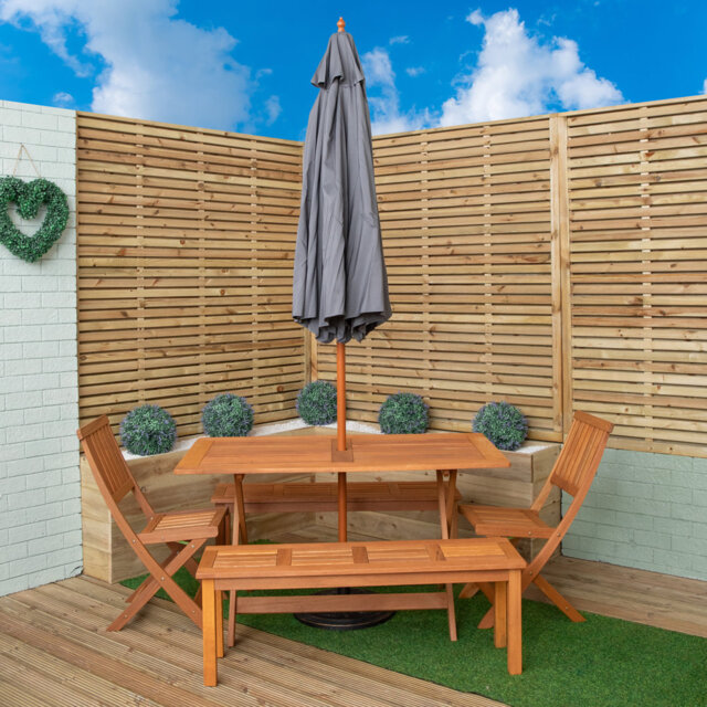 Gillian Outdoor Rectangular Wooden Garden Dining Table, 2 Benches With Parasol And Base Set