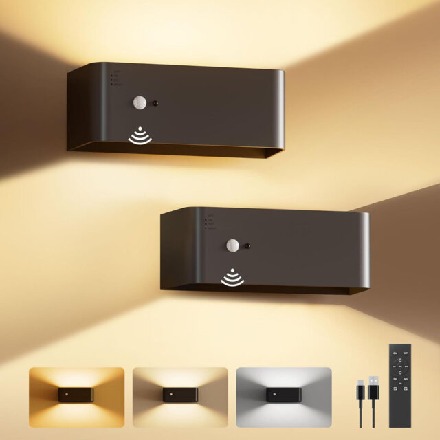 Motion Sensor Wall Sconces Indoor with Remote Control Rechargeable 8000mAh Battery Operated Wall Lights Up and Down Wireless LED Wall Lamps Set of Two