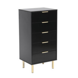 Ailean Ribbed 5 Drawer Tallboy Chest of Drawers – White or Black Gloss Fluted Fronts with Gold Legs & Handles (50cm Wide)