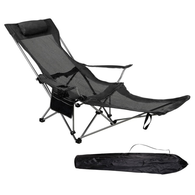 Adjustable Folding Recliner Camping Chair – Lightweight Portable Chair With Detachable Footrest, Headrest, Cupholder, And Pocket For Outdoor, Beach, A