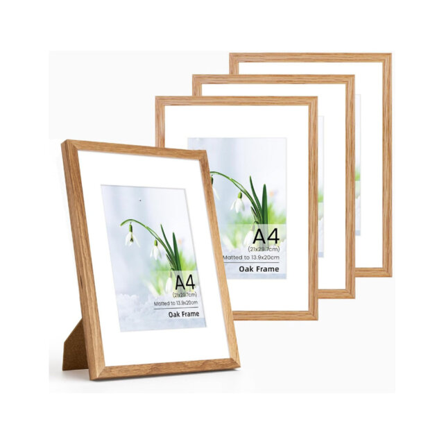 A4 Frame Set of 4, Oak Wood Picture Frame with Mount for A5 Frame,with Tempered Glass