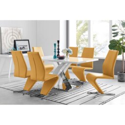 Marietta Chrome Metal and White High Gloss Dining Table Set - 6 Luxury Modern Dining Chairs
