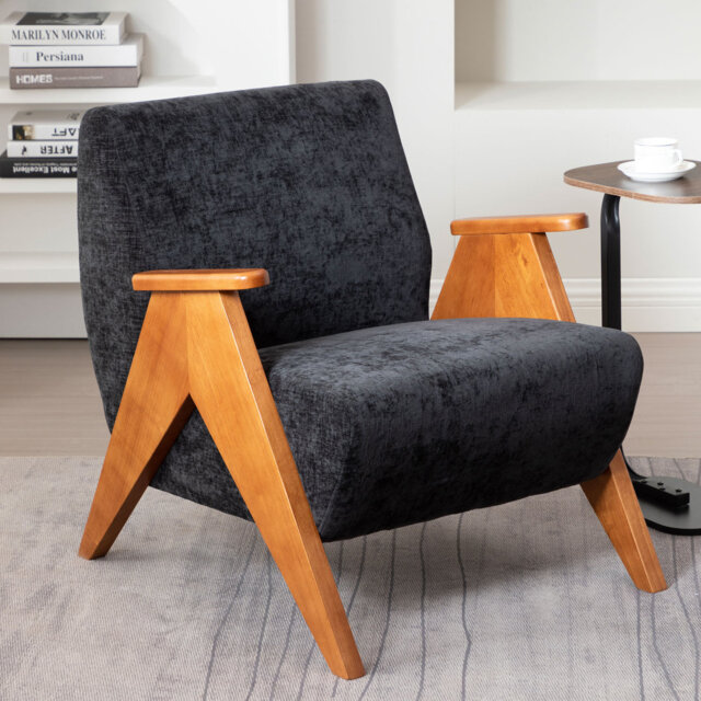 Kyajah Chenille Upholstered Accent Armchair with Solid Wood Arms and Legs
