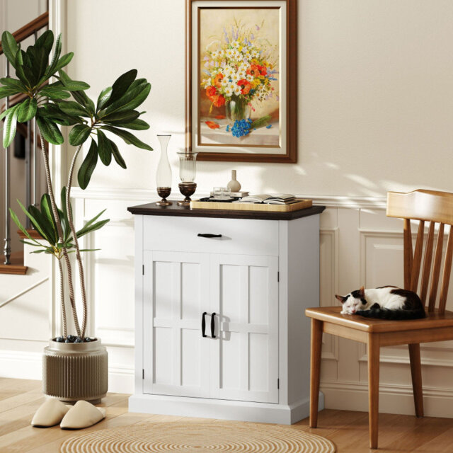 White 2-Door Farmhouse Sideboard with 3 cm Thick Top, Barn Door Design Storage Cabinet for Dining Room