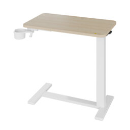 Adjustable Overbed Table with Pneumatic Height Lift - Rolling Bedside Laptop Desk with Cup Holder - Sturdy Steel Frame, Wood Top - Hospital & Home Car