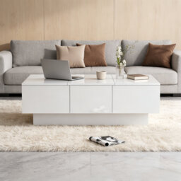 White High Gloss Modern Coffee Table with 2 Drawers & Large Storage Spaces, Wooden Central Side Table for Living Room Home Office