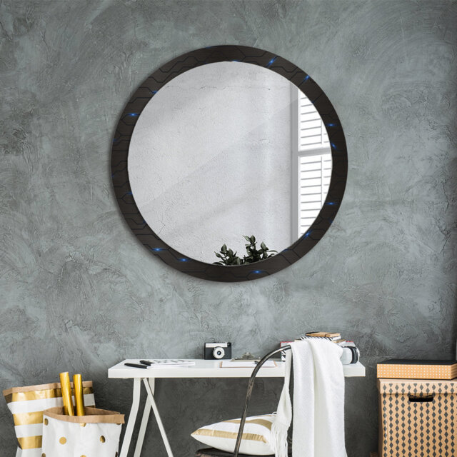 Huldar Round Glass Framed Wall Mounted Accent Mirror in Black/Blue