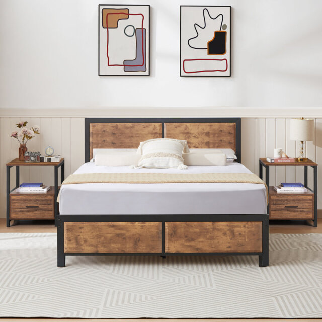 3 Piece Bedroom Set, Industrial Bed Frame with 2 Nightstands Set, Metal Platform Bed with Wood Headboard & Footboard, Farmhouse Bedroom Furniture Set