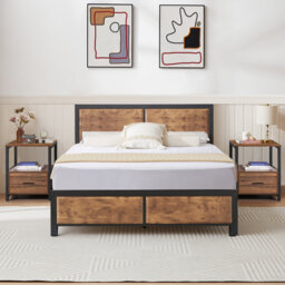 3 Piece Bedroom Set, Industrial Bed Frame with 2 Nightstands Set, Metal Platform Bed with Wood Headboard & Footboard, Farmhouse Bedroom Furniture Set