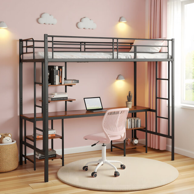 Zebedee Metal Loft Bed with Desk and Shelves, Space - Saving Multifunctional Bed Frame