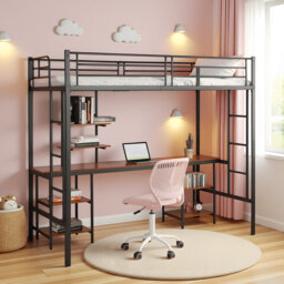 Zebedee Metal Loft Bed with Desk and Shelves, Space - Saving Multifunctional Bed Frame