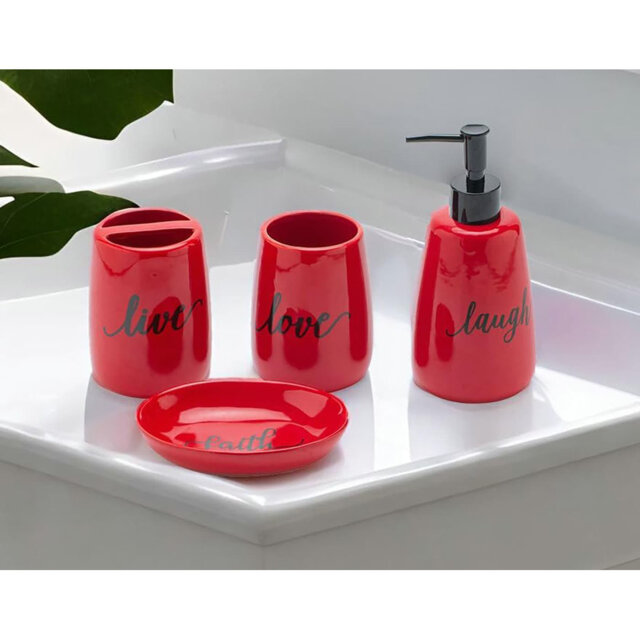 4pc Ceramic Bathroom Accessory Set (Navy/Red): Toothbrush Holder, Soap Dispenser, Dish, Tumbler
