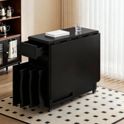 Folding Dining Table in Black Solid Wood, Mobile Table with Casters and 2 Storage Drawers, Compact Foldaway Design（Without Chairs）