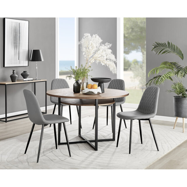 Adler Modern Wooden Round Dining Table Set with Shelf & 4 Luxury Faux Leather Dining Chairs