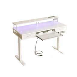 Height Adjustable Computer Desk, 120cm Electric Standing Desk with Drawers, with Keyboard Tray, LED Light, White