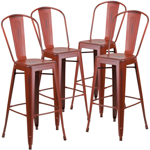 Commercial Grade Distressed Metal Indoor-Outdoor Counter Height Stool with Back