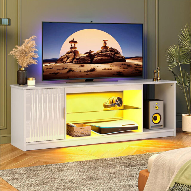 "57"" Modern Media Console with Adjustable shelf, LED Fluted TV Stand for 65 Inch TV, Glossy TV Console with Cabinet"