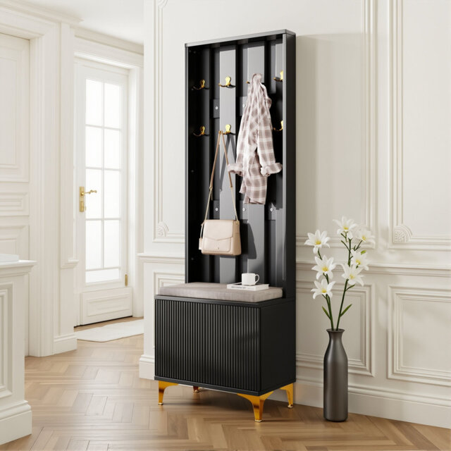 Modern Ribbed Hall Tree With Shoe Storage, Hallway Unit With Padded Bench, Hall Stand With 8 Gold Hooks