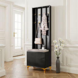 Modern Ribbed Hall Tree With Shoe Storage, Hallway Unit With Padded Bench, Hall Stand With 8 Gold Hooks