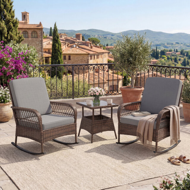 3 Piece Garden Rocking Chair Bistro Set, Rattan Outdoor Furniture with 2 Rocking Armchairs & Tempered Glass Side Table, All-Weather Wicker Set with Cu