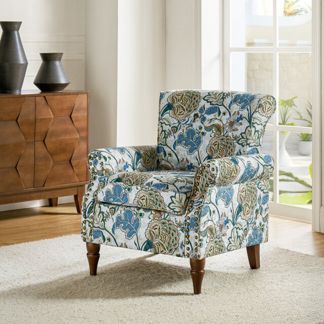 Araceli Floral Wooden Upholstered Accent Chair with Nailhead Trim